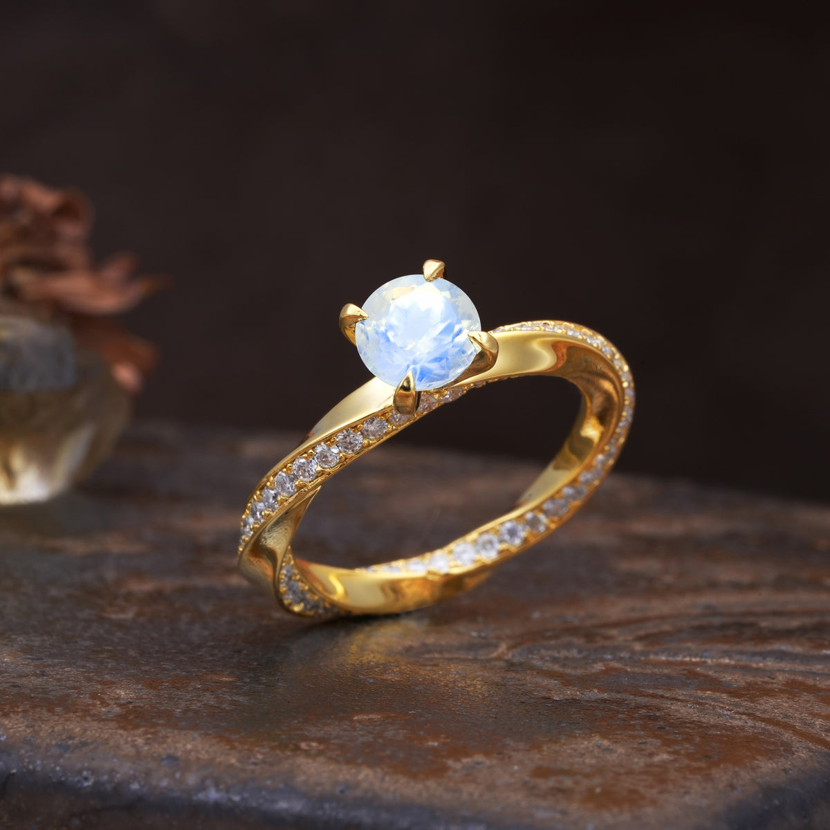 Unique Twisted Ring With 4 Prong Round Cut Moonstone Engagement Ring - Additional view