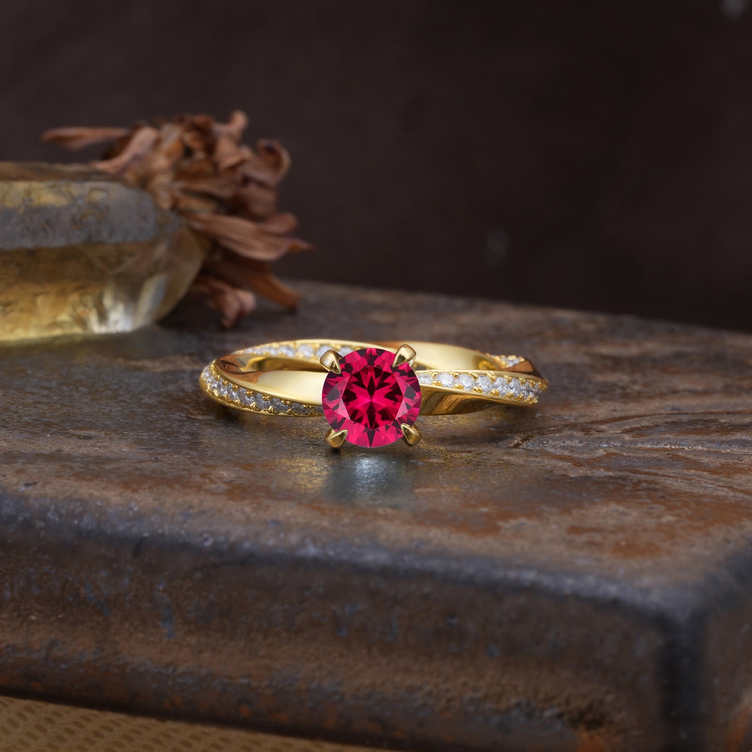 Unique Twisted Ring With 4 Prong Round Cut Ruby Engagement Ring - Additional view