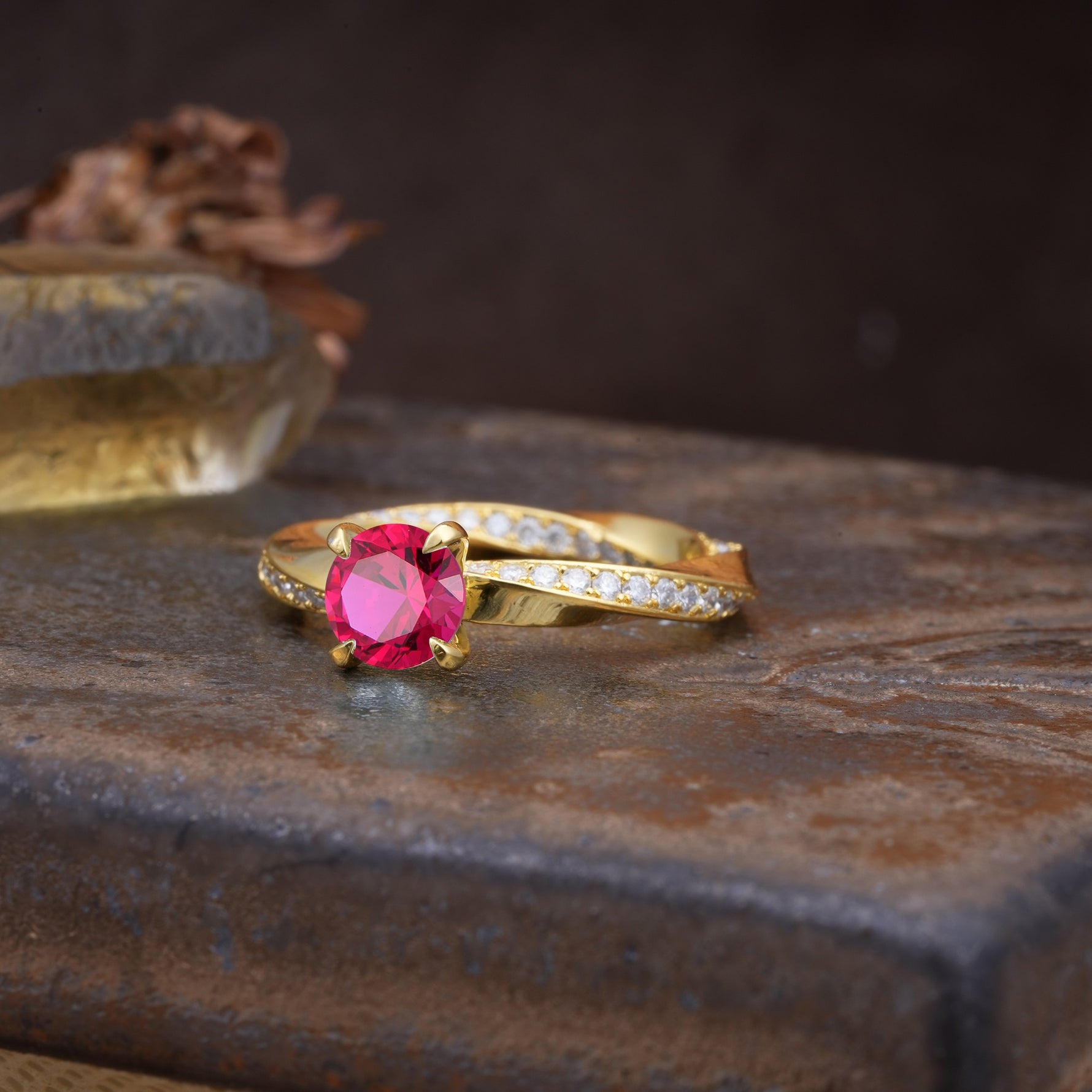 Unique Twisted Ring With 4 Prong Round Cut Ruby Engagement Ring - Additional view