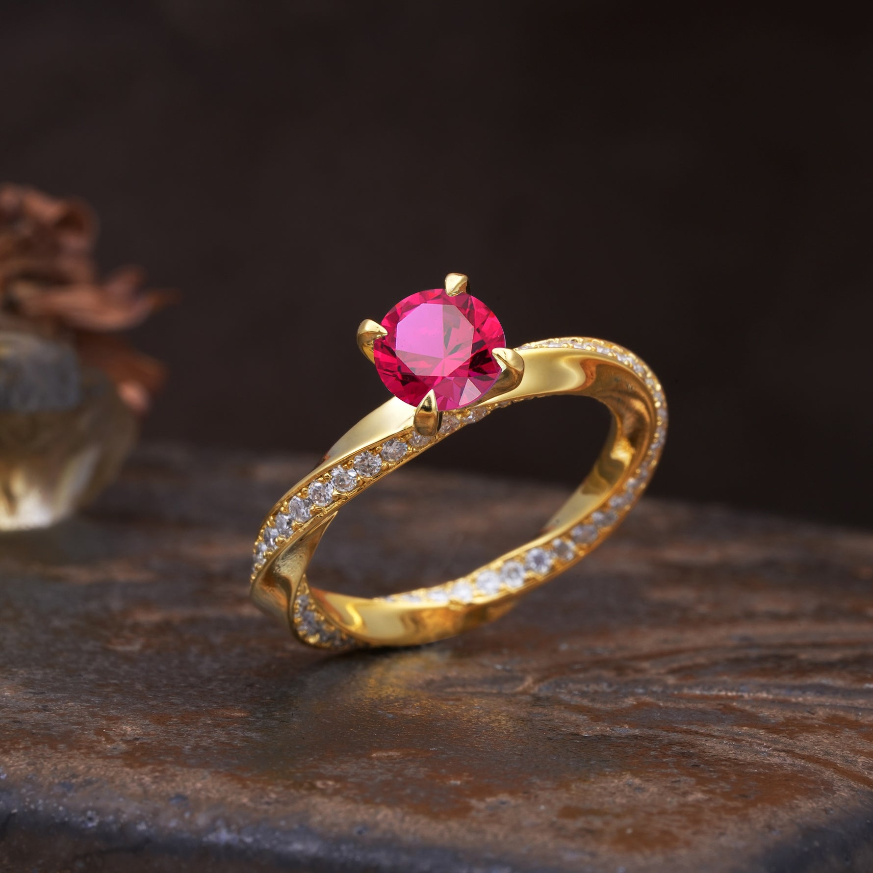 Unique Twisted Ring With 4 Prong Round Cut Ruby Engagement Ring - Additional view