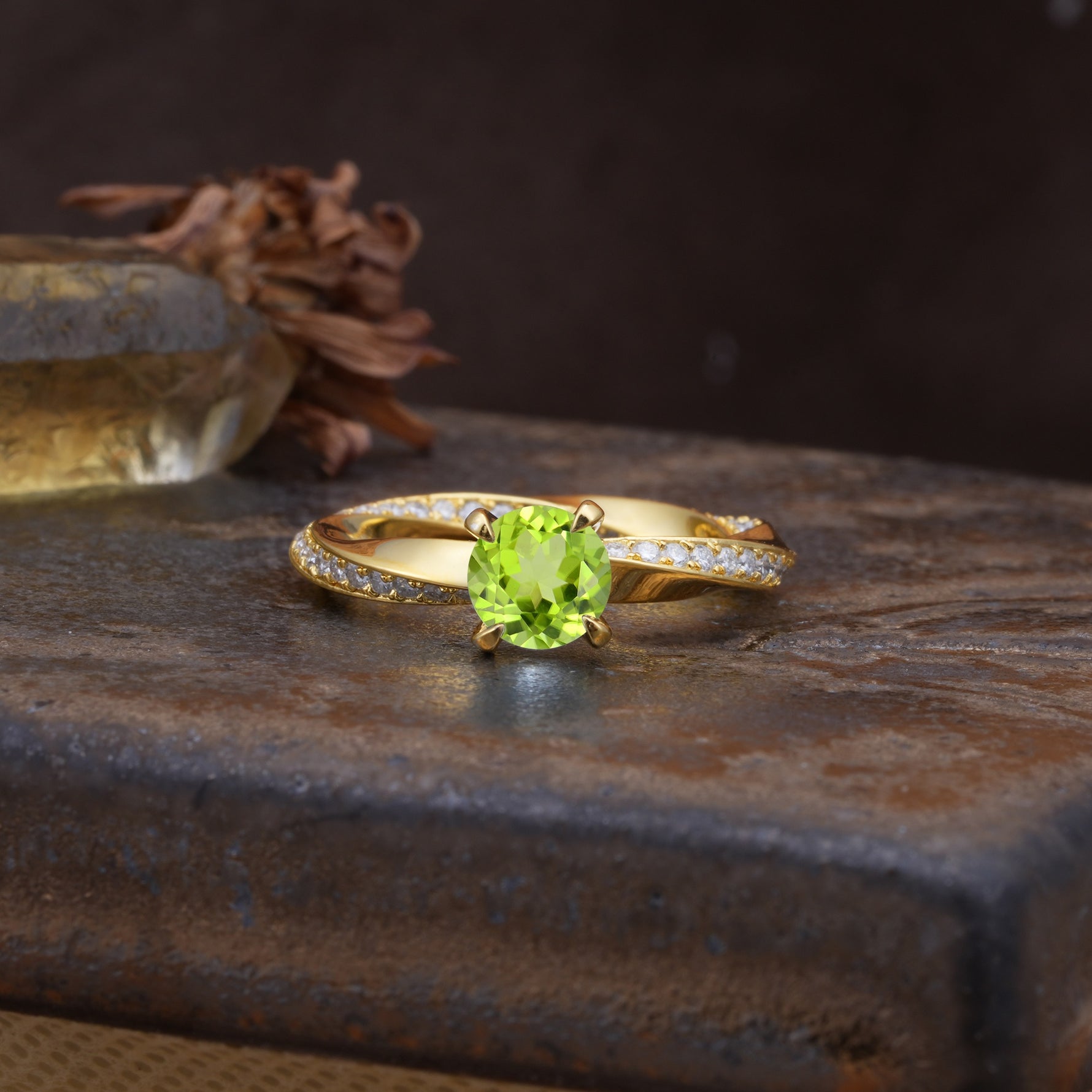 Unique Twisted Ring With 4 Prong Round Cut Peridot Engagement Ring - Additional view