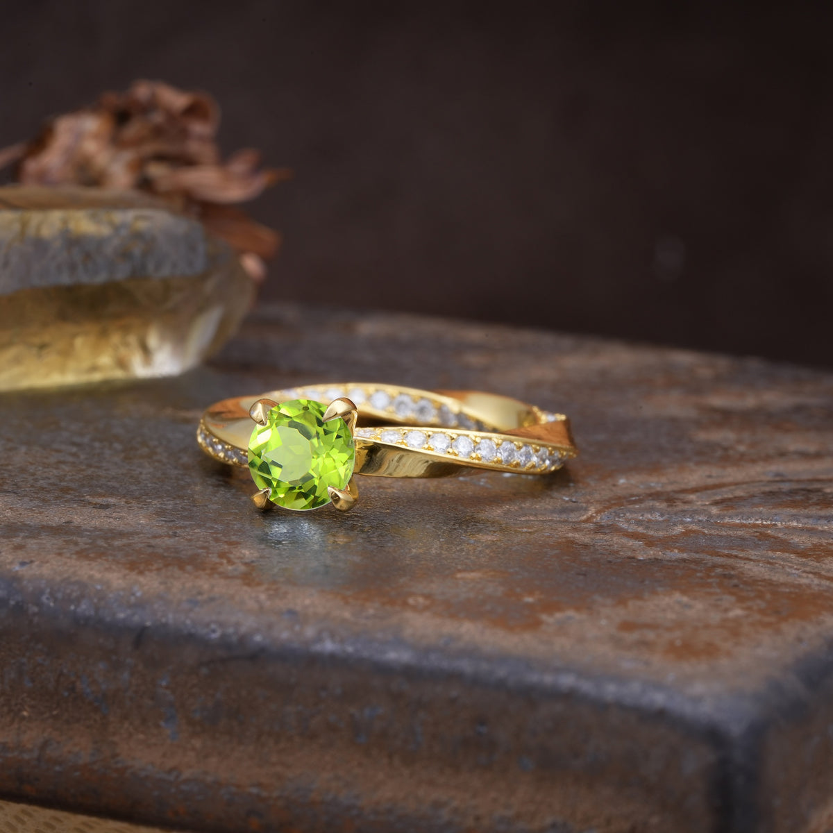 Unique Twisted Ring With 4 Prong Round Cut Peridot Engagement Ring - Additional view