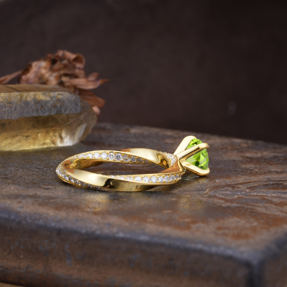 Unique Twisted Ring With 4 Prong Round Cut Peridot Engagement Ring - Additional view