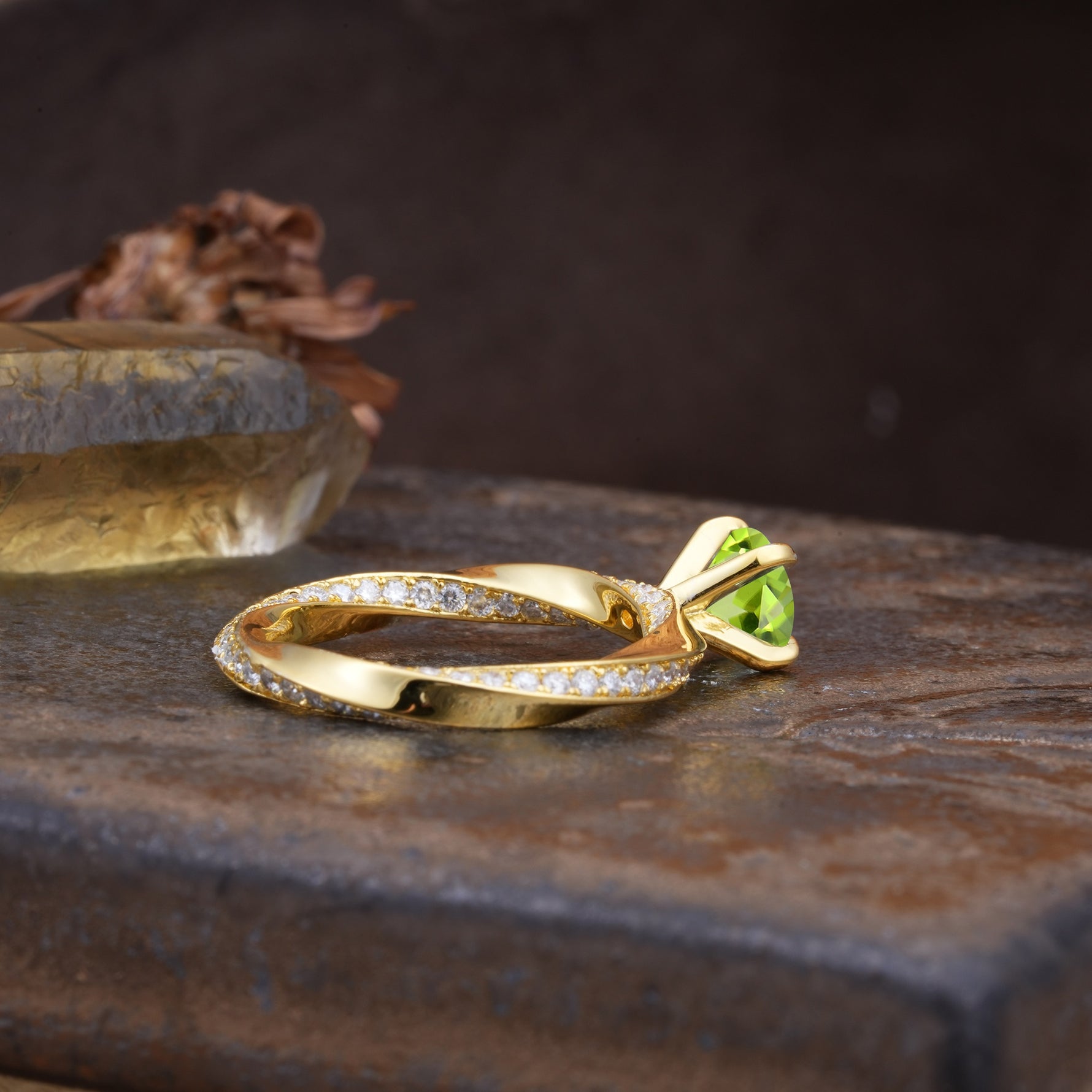 Unique Twisted Ring With 4 Prong Round Cut Peridot Engagement Ring - Additional view