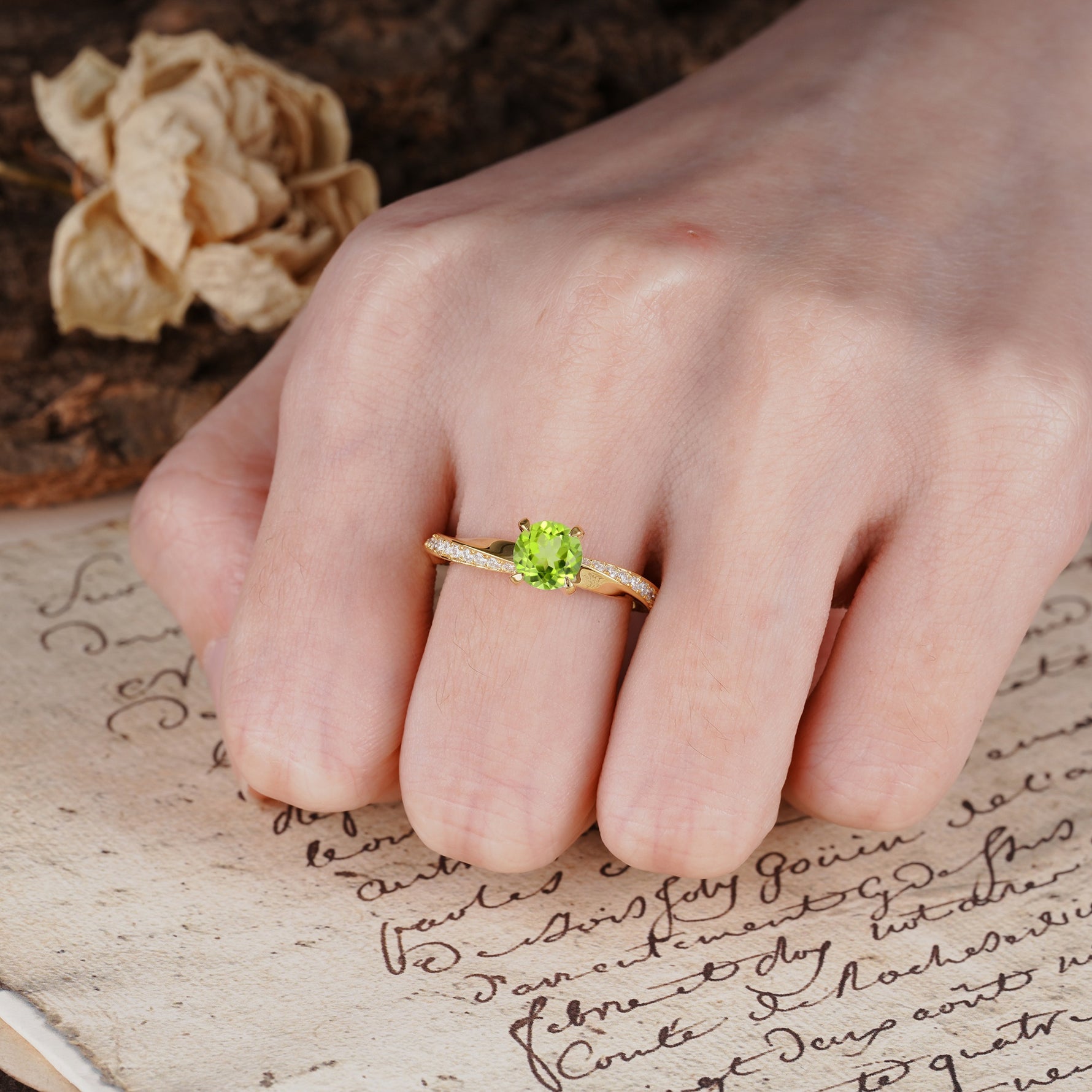 Unique Twisted Ring With 4 Prong Round Cut Peridot Engagement Ring - Additional view