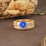 Luxurious and Unique 4-Prong Round Cut Sapphire Bridal Ring Set - Yellow-Gold