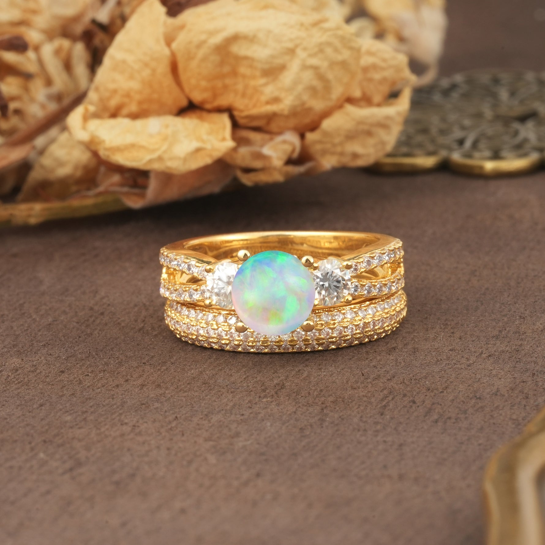 Luxurious and Unique 4-Prong Round Cut Fire Opal Bridal Ring Set - Yellow-Gold