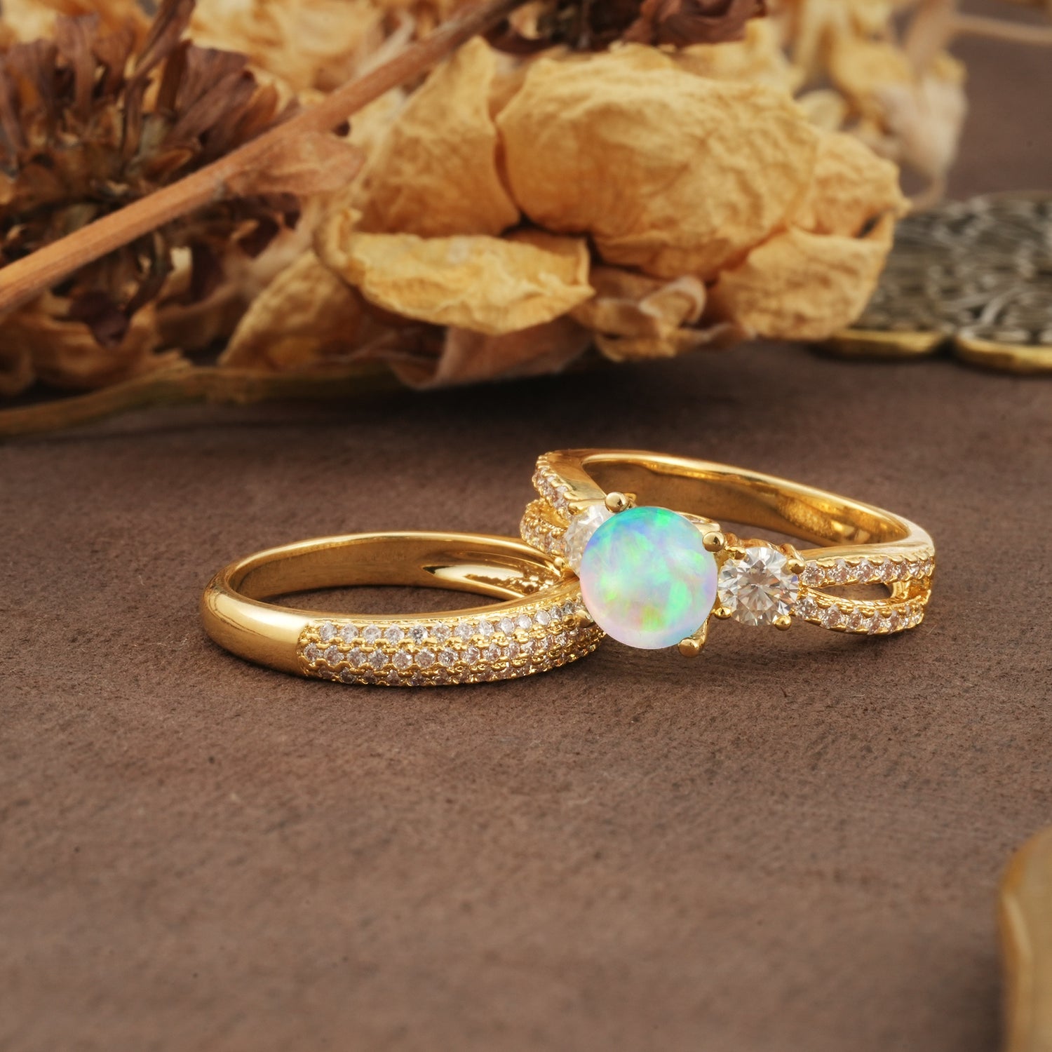 Luxurious and Unique 4-Prong Round Cut Fire Opal Bridal Ring Set - Rose-Gold