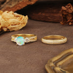 Luxurious and Unique 4-Prong Round Cut Fire Opal Bridal Ring Set - White-Gold