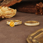 Luxurious and Unique 4-Prong Round Cut Citrine Bridal Ring Set - White-Gold