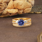 Luxurious and Unique 4-Prong Round Cut Tanzanite Bridal Ring Set - Yellow-Gold