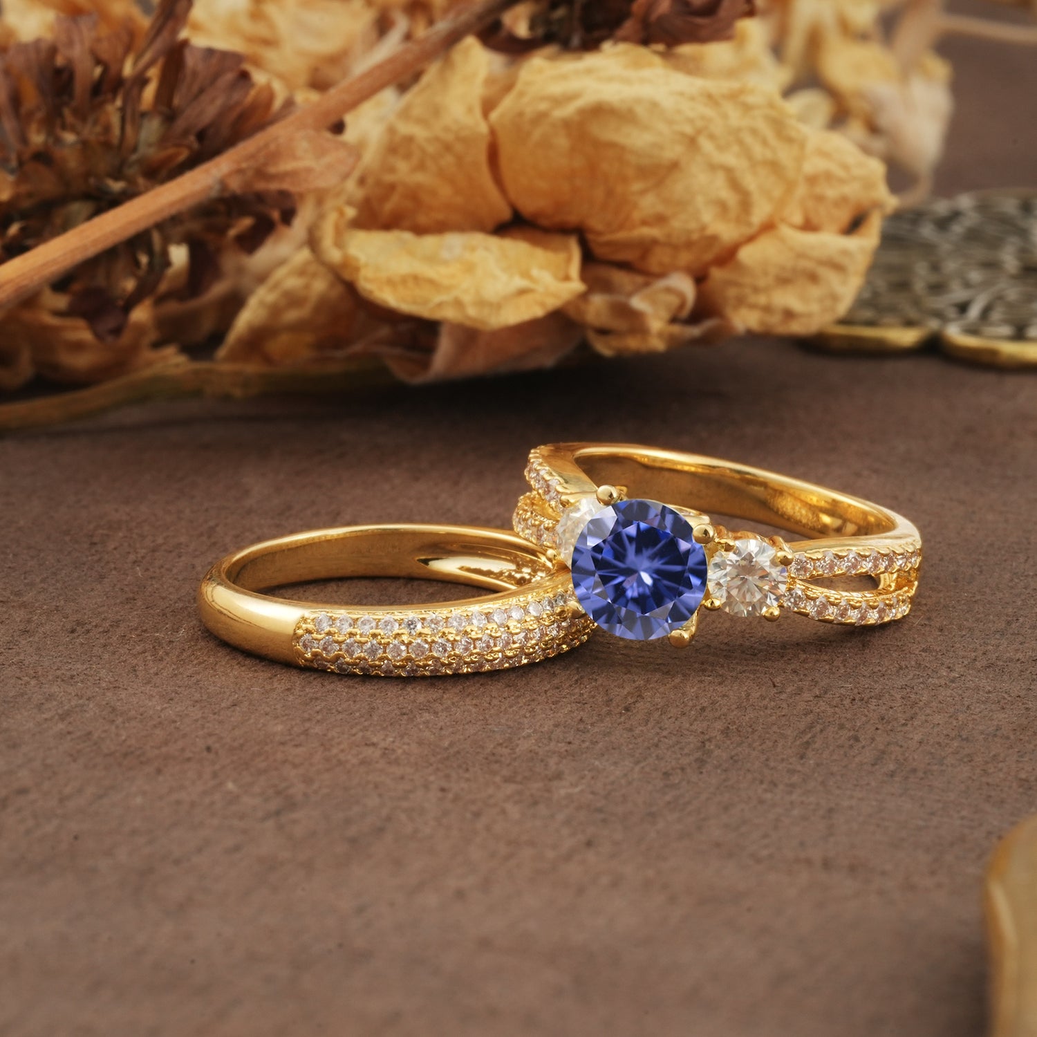 Luxurious and Unique 4-Prong Round Cut Tanzanite Bridal Ring Set - Rose-Gold