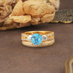 Luxurious and Unique 4-Prong Round Cut Turquoise Bridal Ring Set - Yellow-Gold