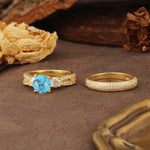Luxurious and Unique 4-Prong Round Cut Turquoise Bridal Ring Set - White-Gold