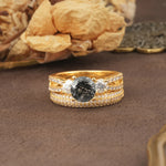 Luxurious and Unique 4-Prong Round Cut Black Rutilated Quartz Bridal Ring Set - Yellow-Gold