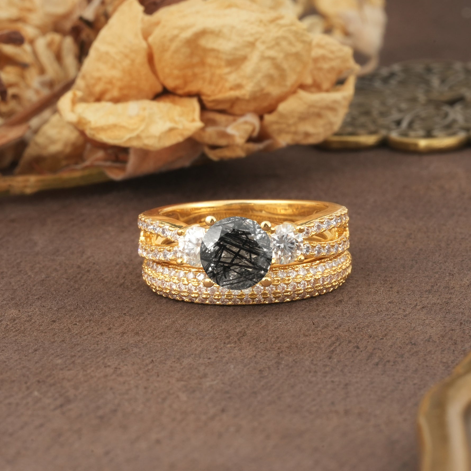 Luxurious and Unique 4-Prong Round Cut Black Rutilated Quartz Bridal Ring Set - Yellow-Gold