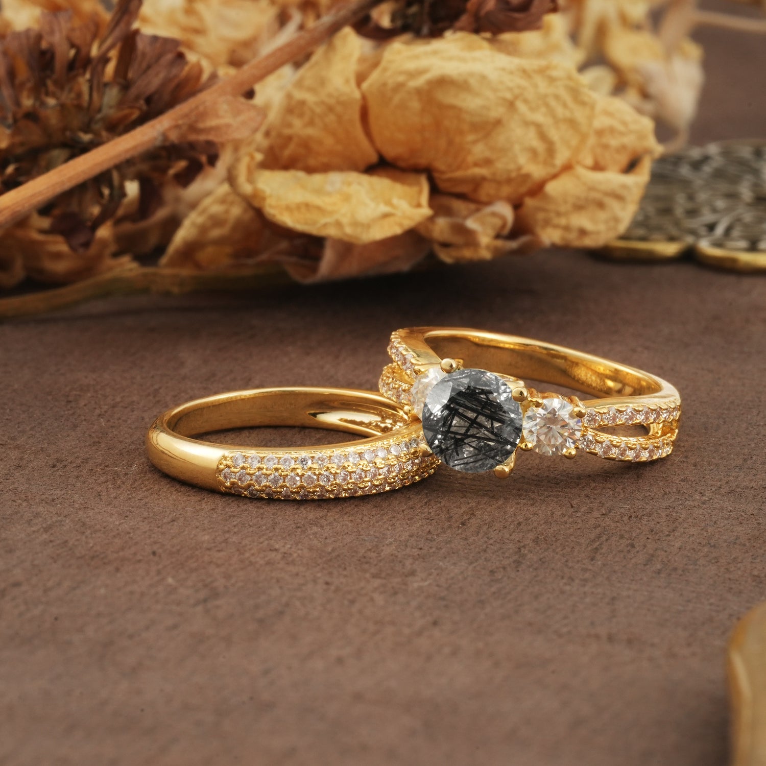 Luxurious and Unique 4-Prong Round Cut Black Rutilated Quartz Bridal Ring Set - Rose-Gold