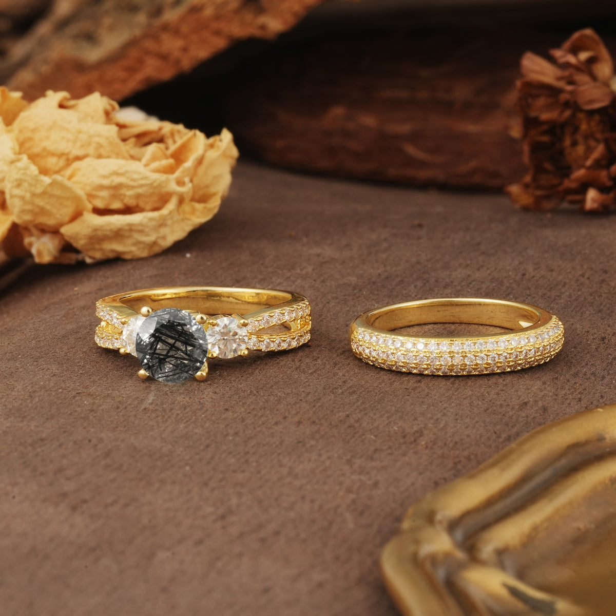 Luxurious and Unique 4-Prong Round Cut Black Rutilated Quartz Bridal Ring Set - White-Gold