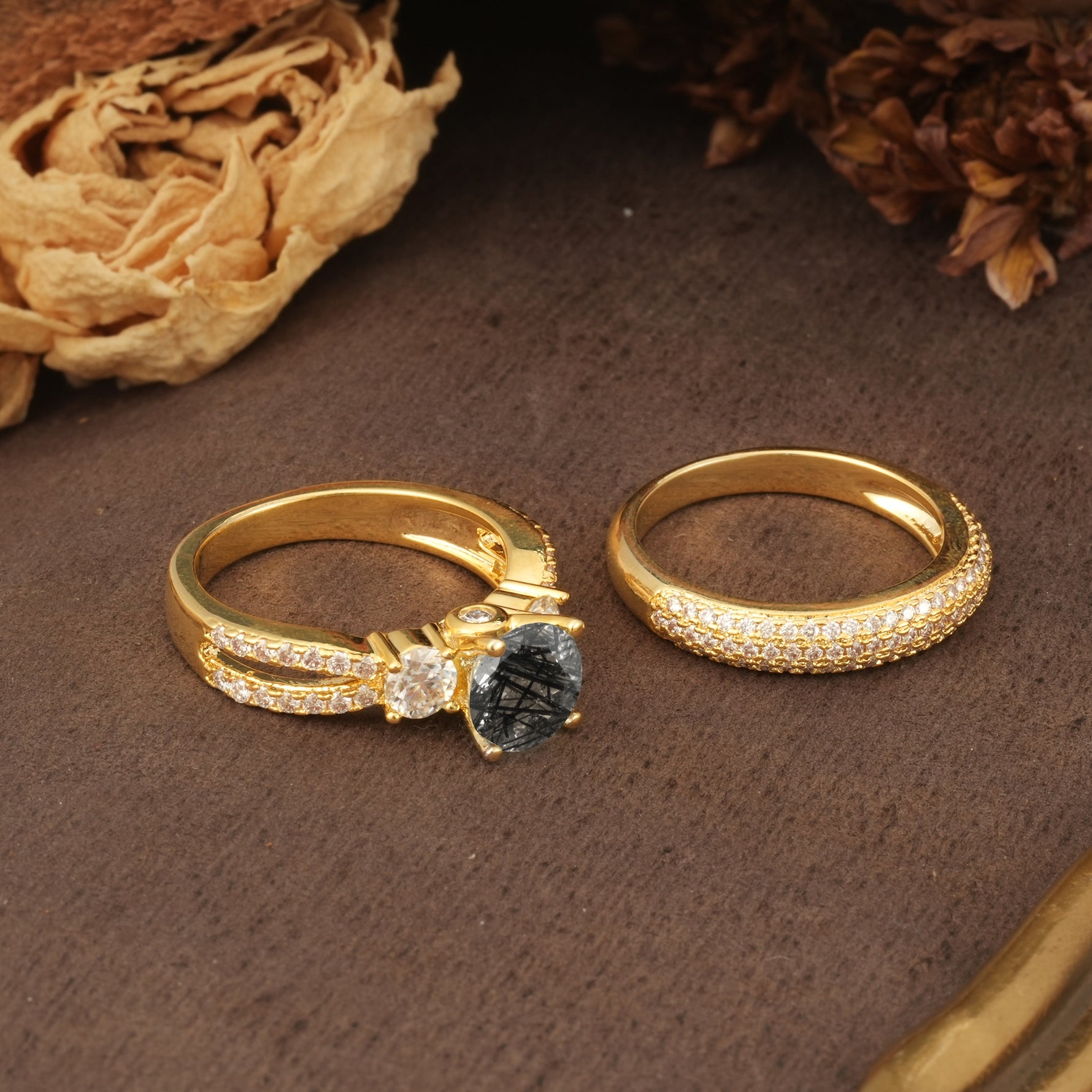 Luxurious and Unique 4-Prong Round Cut Black Rutilated Quartz Bridal Ring Set - Additional view