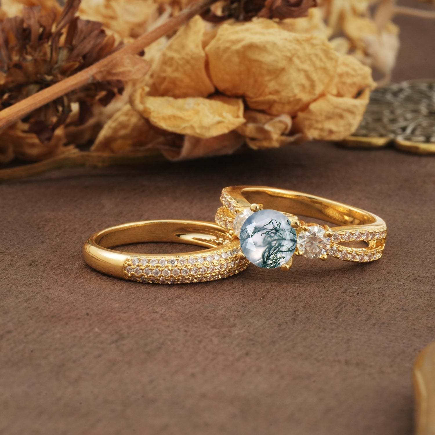 Luxurious and Unique 4-Prong Round Cut Moss Agate Bridal Ring Set - Rose-Gold