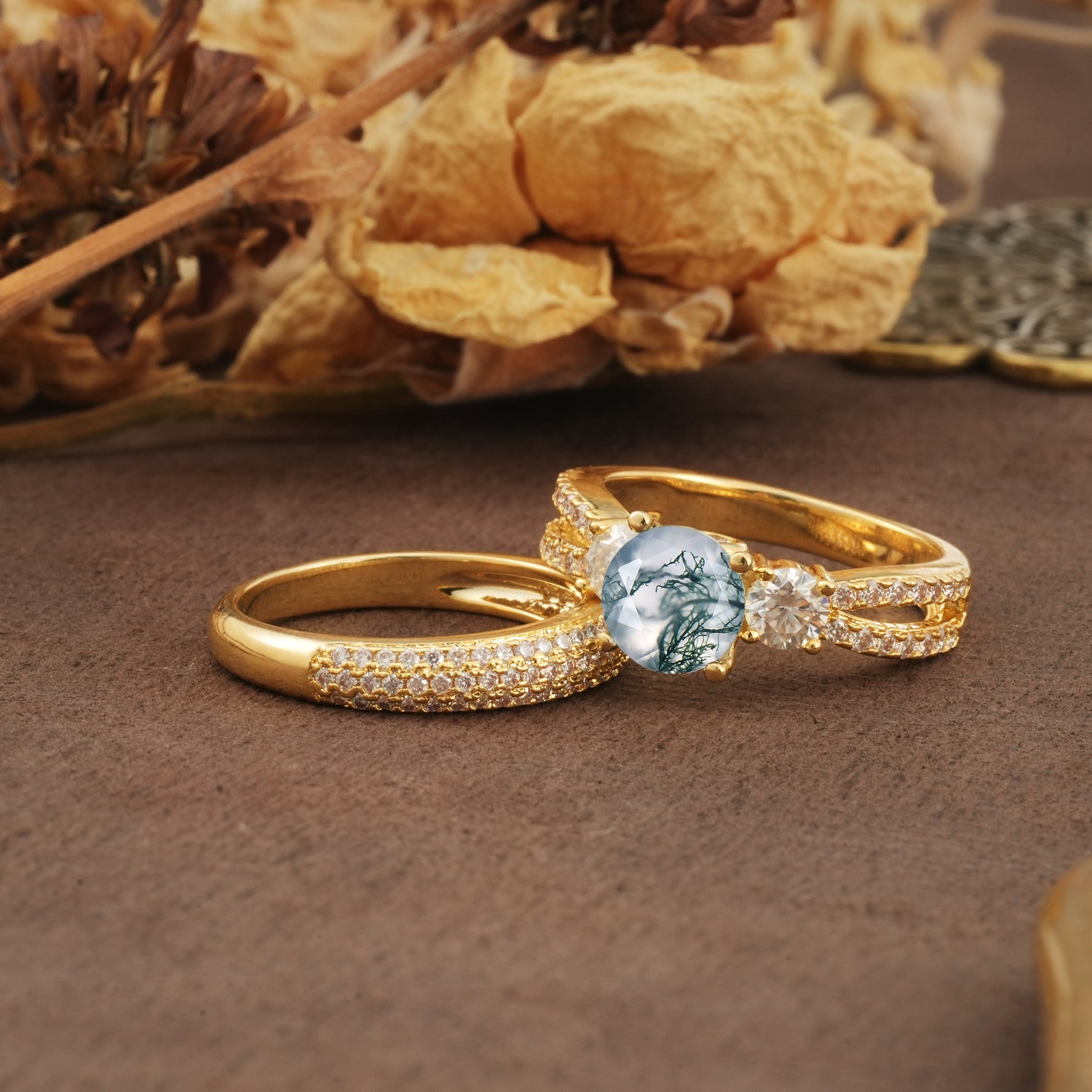 Luxurious and Unique 4-Prong Round Cut Moss Agate Bridal Ring Set - Rose-Gold