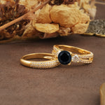 Luxurious and Unique 4-Prong Round Cut Black Onyx Bridal Ring Set - Rose-Gold