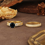 Luxurious and Unique 4-Prong Round Cut Black Onyx Bridal Ring Set - White-Gold