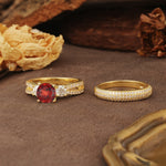 Luxurious and Unique 4-Prong Round Cut Garnet Bridal Ring Set - White-Gold