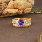 Luxurious and Unique 4-Prong Round Cut Amethyst Bridal Ring Set - Yellow-Gold