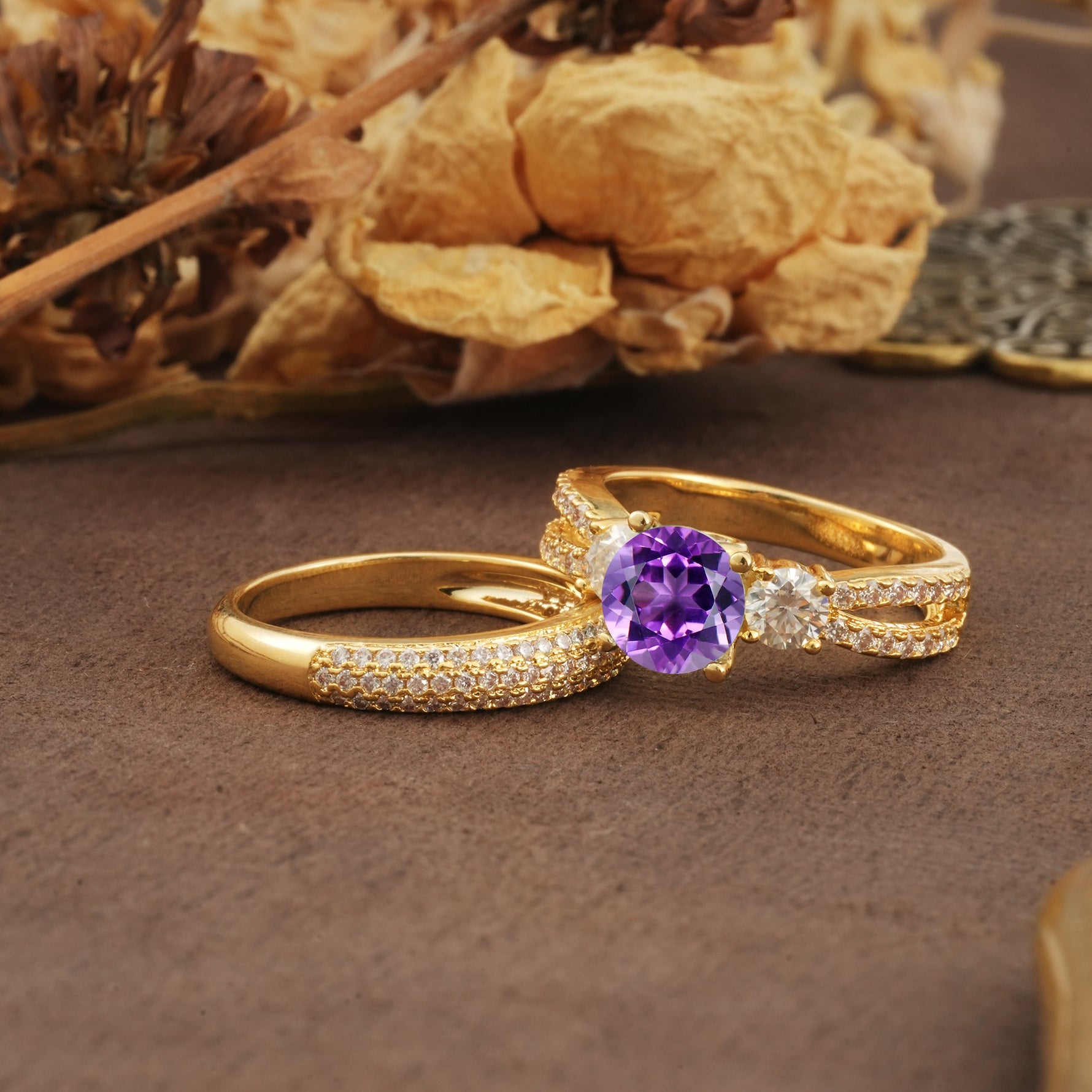 Luxurious and Unique 4-Prong Round Cut Amethyst Bridal Ring Set - Rose-Gold