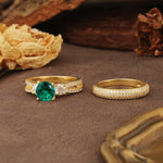 Luxurious and Unique 4-Prong Round Cut Emerald Bridal Ring Set - White-Gold