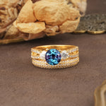 Luxurious and Unique 4-Prong Round Cut Alexandrite Bridal Ring Set - Yellow-Gold