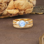 Luxurious and Unique 4-Prong Round Cut Moonstone Bridal Ring Set - Yellow-Gold