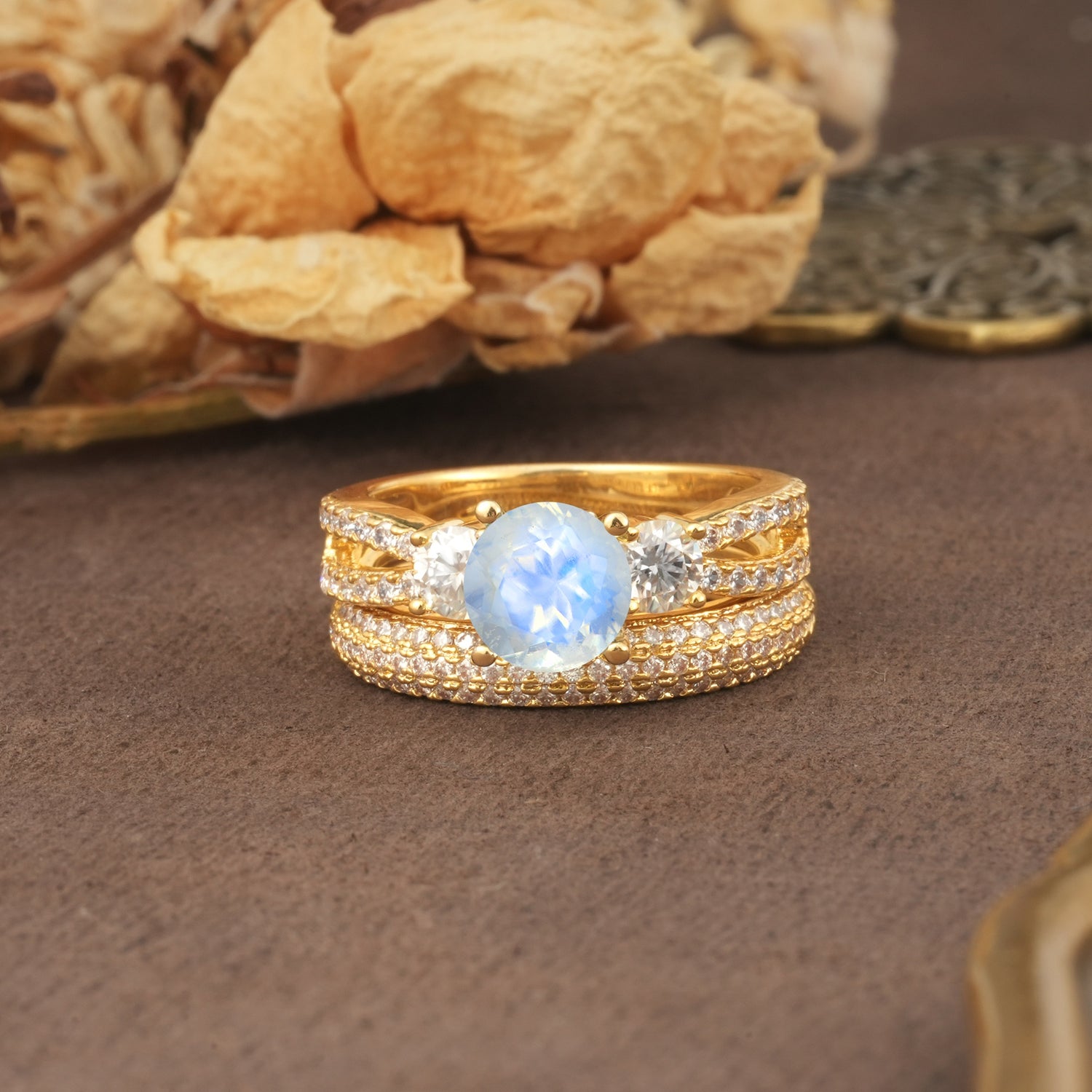 Luxurious and Unique 4-Prong Round Cut Moonstone Bridal Ring Set - Yellow-Gold