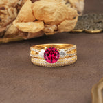 Luxurious and Unique 4-Prong Round Cut Ruby Bridal Ring Set - Yellow-Gold