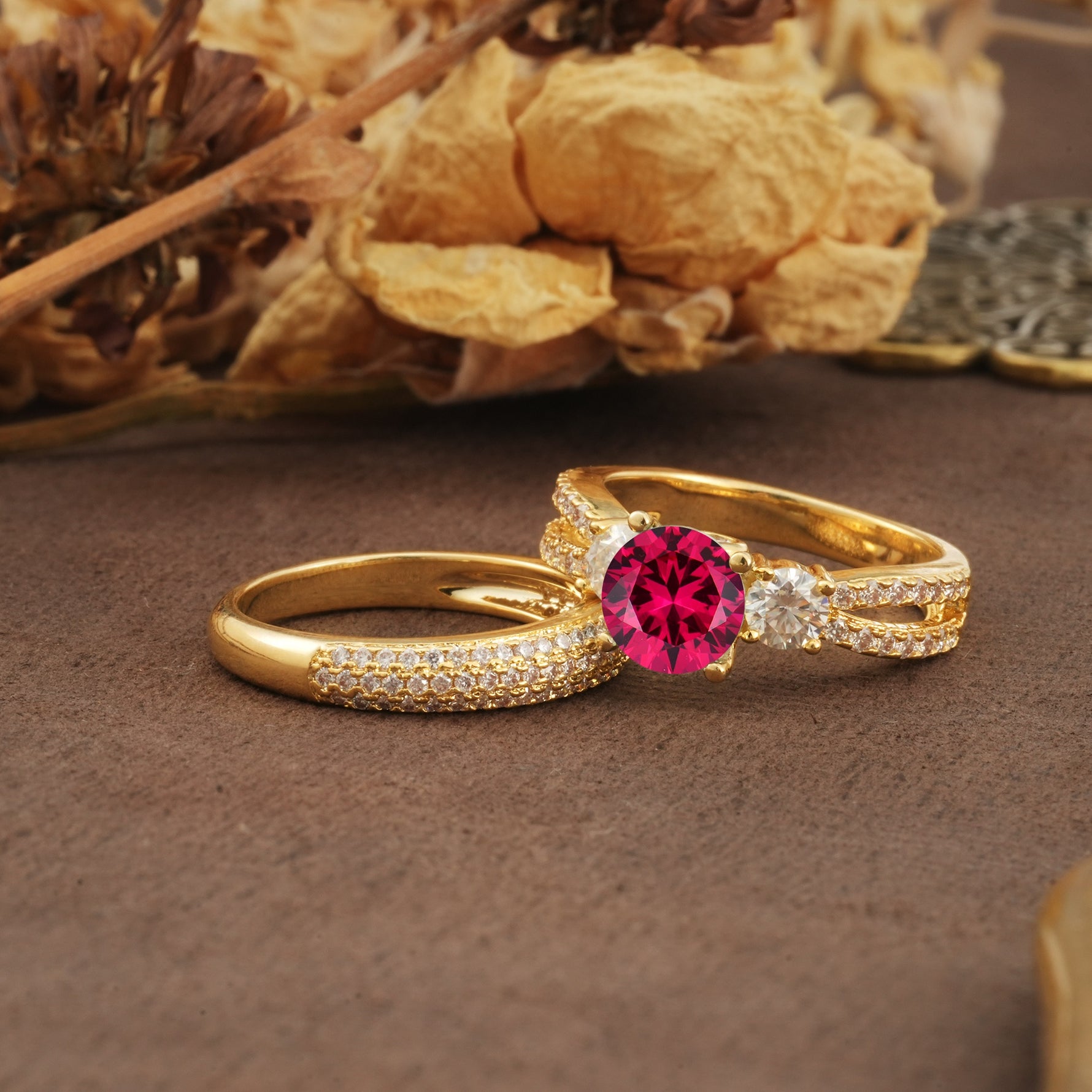 Luxurious and Unique 4-Prong Round Cut Ruby Bridal Ring Set - Rose-Gold