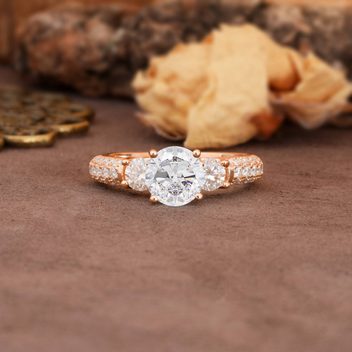 Luxurious Vintage Style Pavé Set Band, 4 Prong Round Cut Moissanite Three Stone Wedding Ring - Additional view