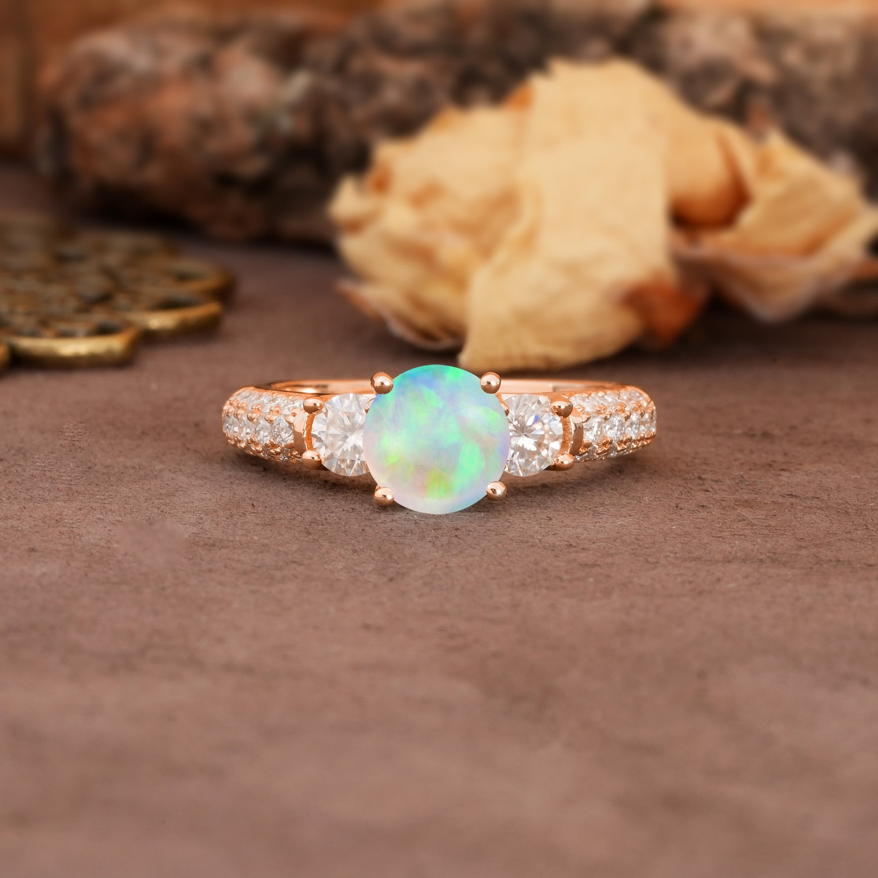 Luxurious Vintage Style Pavé Set Band, 4 Prong Round Cut Fire Opal Three Stone Wedding Ring - Additional view