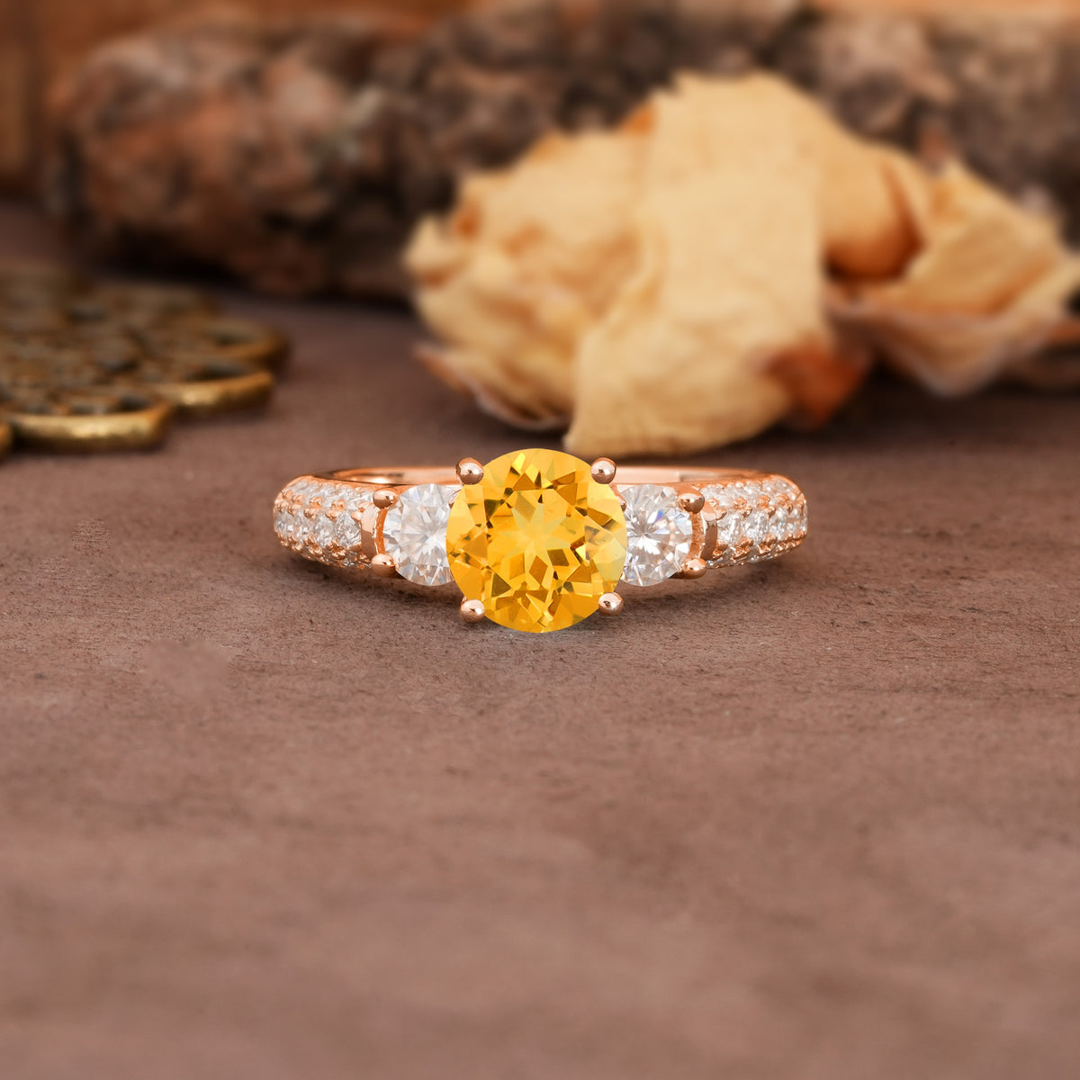 Luxurious Vintage Style Pavé Set Band, 4 Prong Round Cut Citrine Three Stone Wedding Ring - Additional view