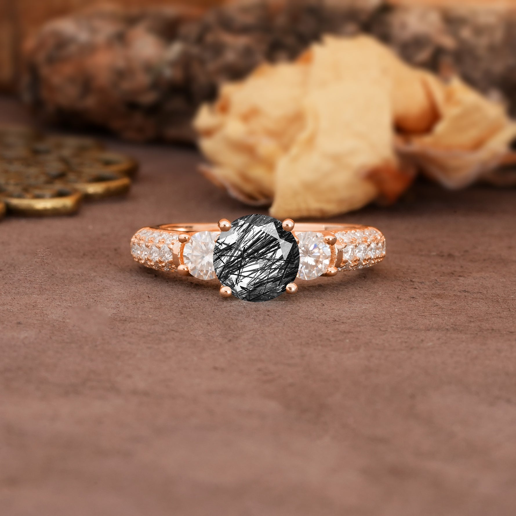 Luxurious Vintage Style Pavé Set Band, 4 Prong Round Cut Black Rutilated Quartz Three Stone Wedding Ring - Additional view