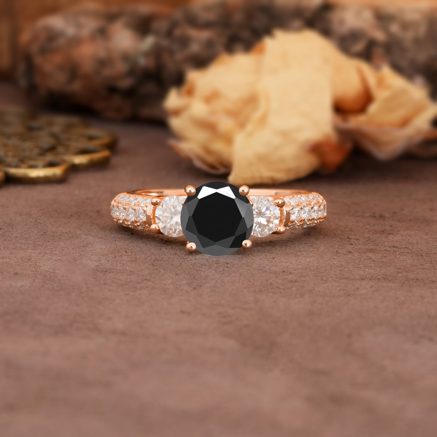 Luxurious Vintage Style Pavé Set Band, 4 Prong Round Cut Black Onyx Three Stone Wedding Ring - Additional view