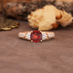 Luxurious Vintage Style Pavé Set Band, 4 Prong Round Cut Garnet Three Stone Wedding Ring - Additional view