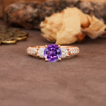 Luxurious Vintage Style Pavé Set Band, 4 Prong Round Cut Amethyst Three Stone Wedding Ring - Additional view