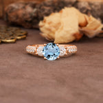 Luxurious Vintage Style Pavé Set Band, 4 Prong Round Cut Aquamarine Three Stone Wedding Ring - Additional view