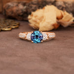 Luxurious Vintage Style Pavé Set Band, 4 Prong Round Cut Alexandrite Three Stone Wedding Ring - Additional view