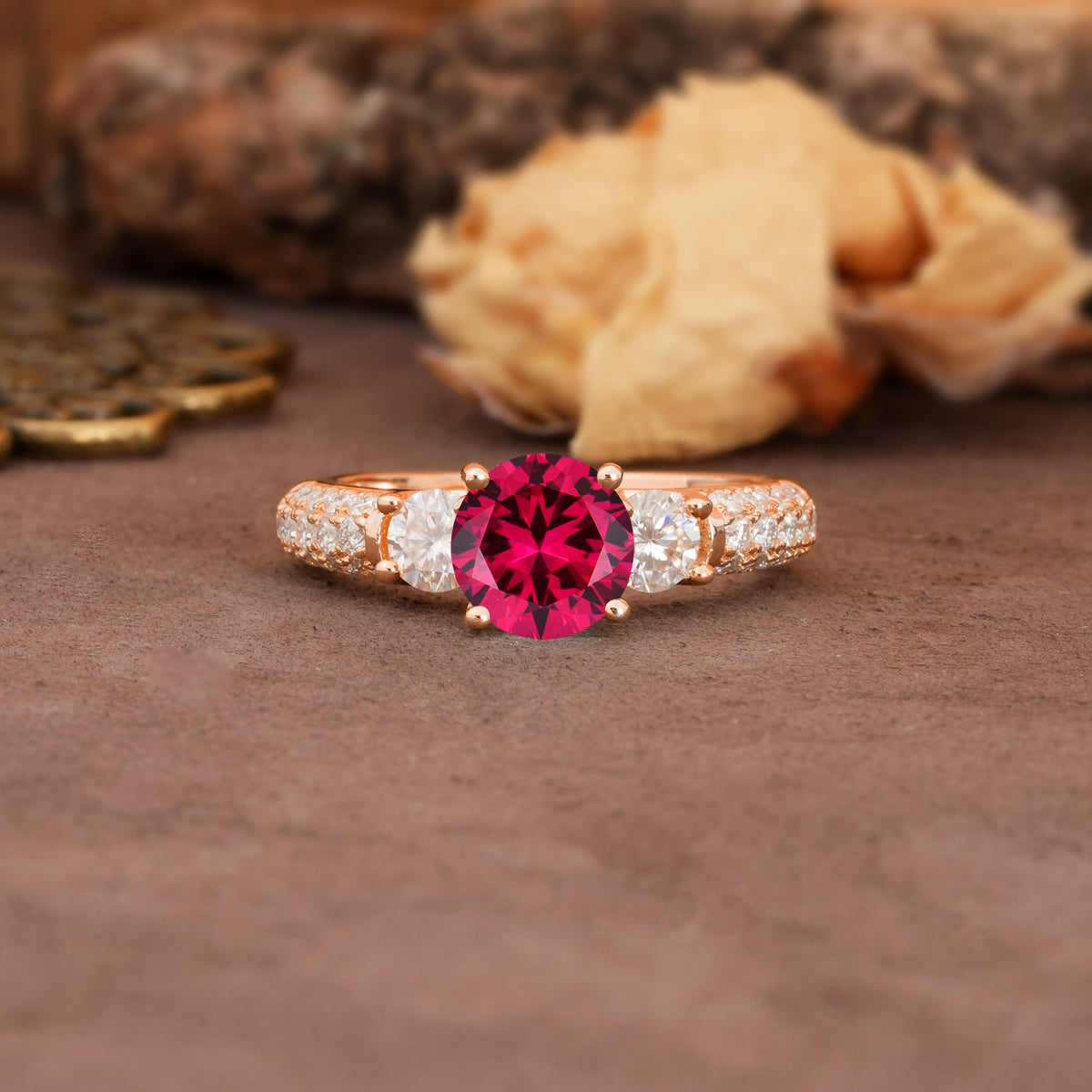 Luxurious Vintage Style Pavé Set Band, 4 Prong Round Cut Ruby Three Stone Wedding Ring - Additional view