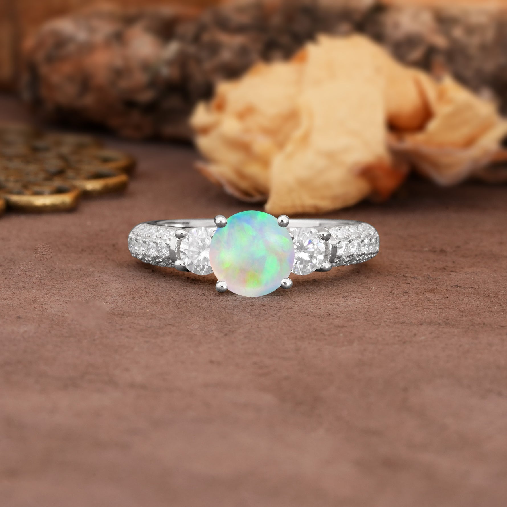 Luxurious Vintage Style Pavé Set Band, 4 Prong Round Cut Fire Opal Three Stone Wedding Ring - Additional view