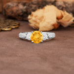 Luxurious Vintage Style Pavé Set Band, 4 Prong Round Cut Citrine Three Stone Wedding Ring - Additional view