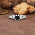 Luxurious Vintage Style Pavé Set Band, 4 Prong Round Cut Black Onyx Three Stone Wedding Ring - Additional view