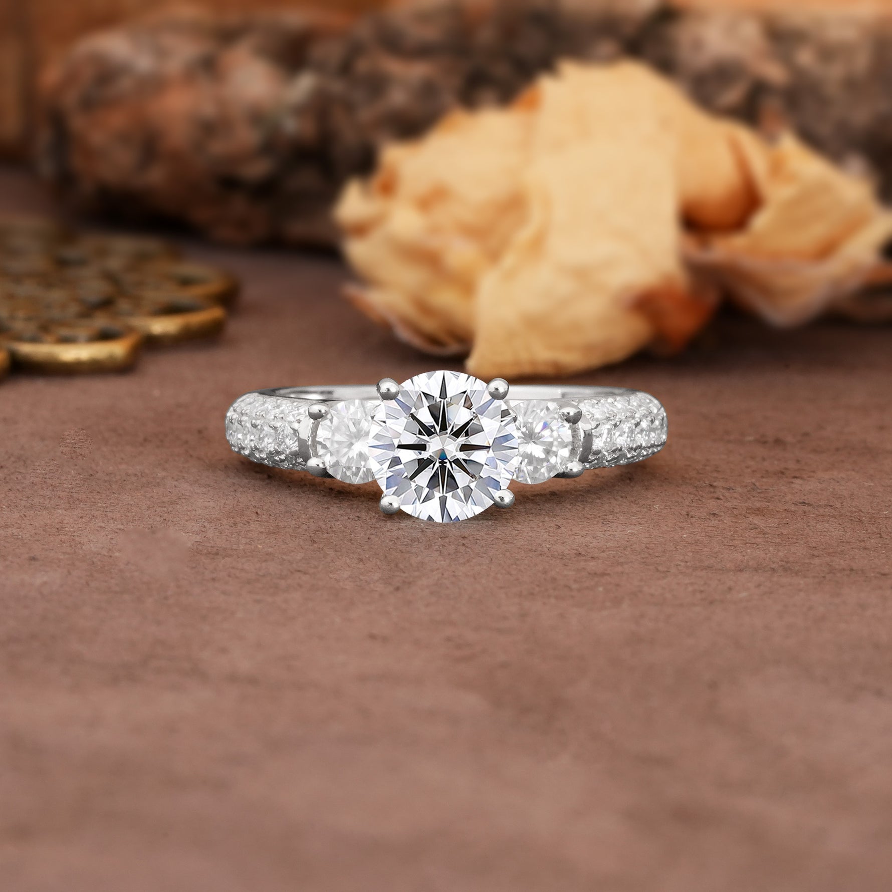 Luxurious Vintage Style Pavé Set Band, 4 Prong Round Cut Lab Diamond Three Stone Wedding Ring - Additional view
